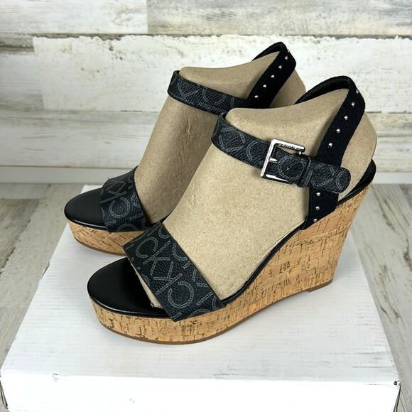 Calvin Klein Shoes - Calvin Klein Karmona Women’s 6.5 Black Logo faux Leather Wedge Strappy Sandals